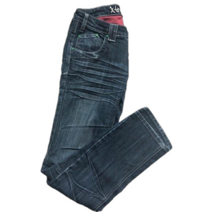 Y2K XTM Jeans Distressed Green Rivets Swirled Belt Loops 6 Pocket Low Rise